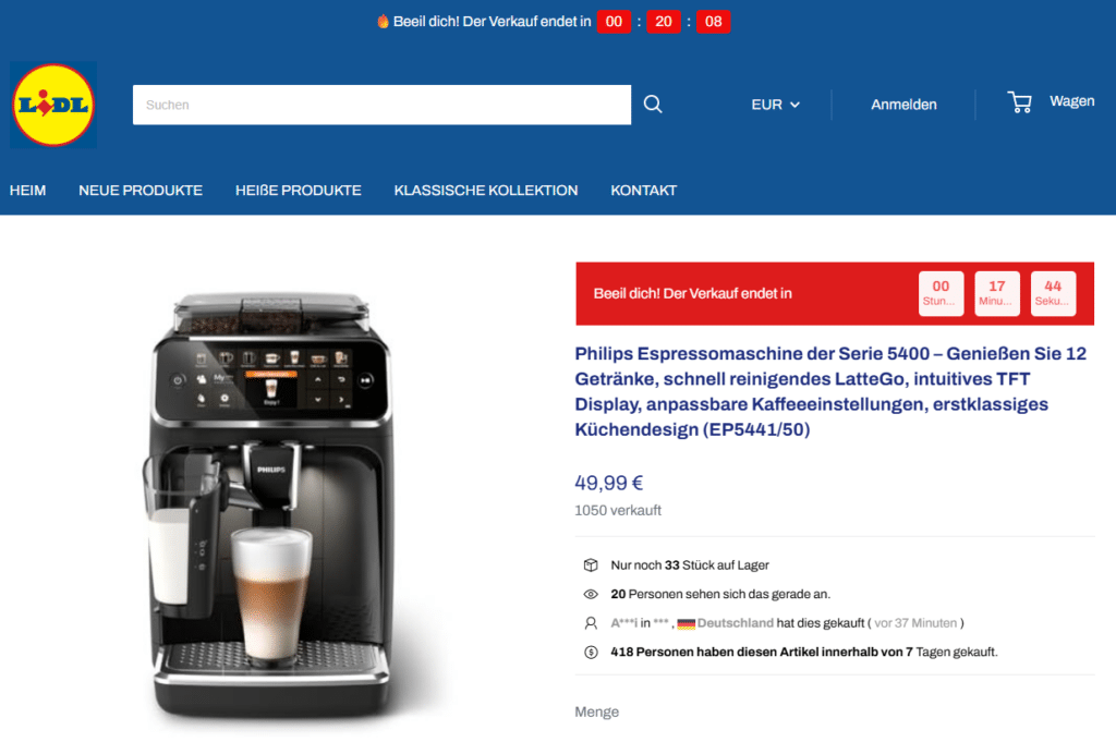 Screenshot des fraglichen Shops im Lidl-Design