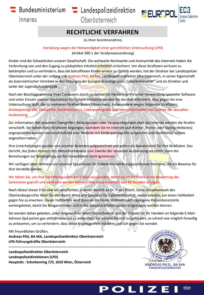 Screenshot der gefälschten Polizei-Vorladung