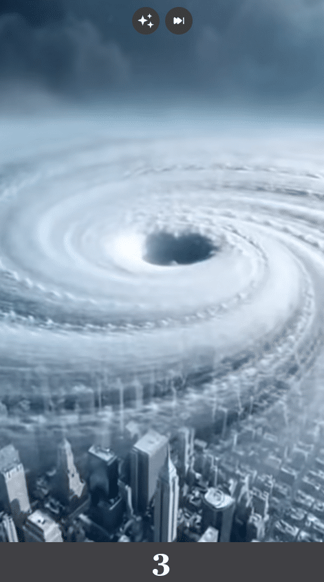 Luftaufnahme von Manhattan mit spiralförmigem Schneesturm über der Skyline. Beschreibung: Über der Stadt bildet sich eine kreisförmige, nahezu perfekte Spiralstruktur aus Schnee und Wolken. Könnte das real sein? Nein. Eine derart symmetrische Spiralformation über einer gesamten Metropole ist meteorologisch unrealistisch und entspricht typischer KI-Überzeichnung.