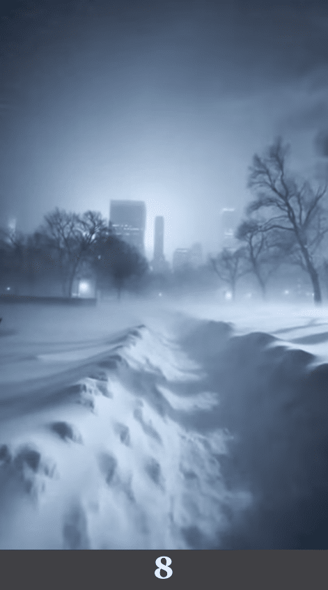 Verschneiter Stadtpark mit stark modellierten Schneeverwehungen und Skyline im Hintergrund. Beschreibung: Eine Parklandschaft mit weich geformten, gleichmäßig verlaufenden Schneekämmen. Im Hintergrund ragt die Skyline durch dichten Schneefall. Könnte das real sein? Nein. Die Schneeverwehungen erscheinen wie modellierte Wellen mit sehr gleichmäßigen Übergängen, nicht wie windgetriebene, chaotische Ablagerungen.