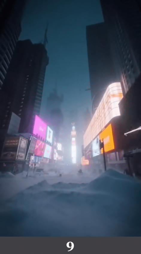 Times Square mit meterhohen Schneehügeln und leuchtenden Werbetafeln. Beschreibung: Großflächige, stark gerundete Schneemassen liegen mitten auf der Fahrbahn, während digitale Screens hell durch den Schneesturm leuchten. Könnte das real sein? Nein. Die Schneehügel sind ungewöhnlich symmetrisch und gleichmäßig modelliert, urbane Nutzungsspuren oder Räumarbeiten fehlen vollständig.