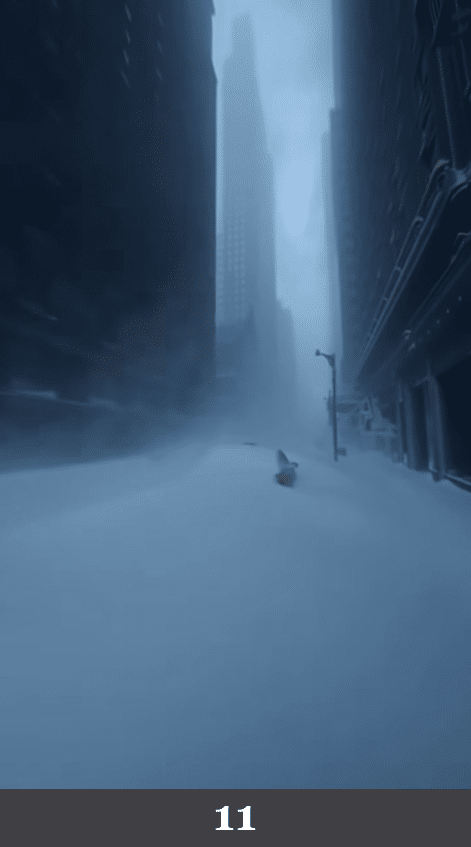 Straßenschlucht mit glatter, unberührter Schneedecke zwischen Hochhäusern. Beschreibung: Eine urbane Straße ist vollständig und gleichmäßig verschneit, Details wie Müll, Fahrspuren oder Verschmutzungen fehlen. Könnte das real sein? Nein. Die Szene wirkt steril und visuell geschlossen; reale Innenstadtbereiche zeigen bei starkem Schneefall ungleichmäßige Verdichtungen und Spuren.