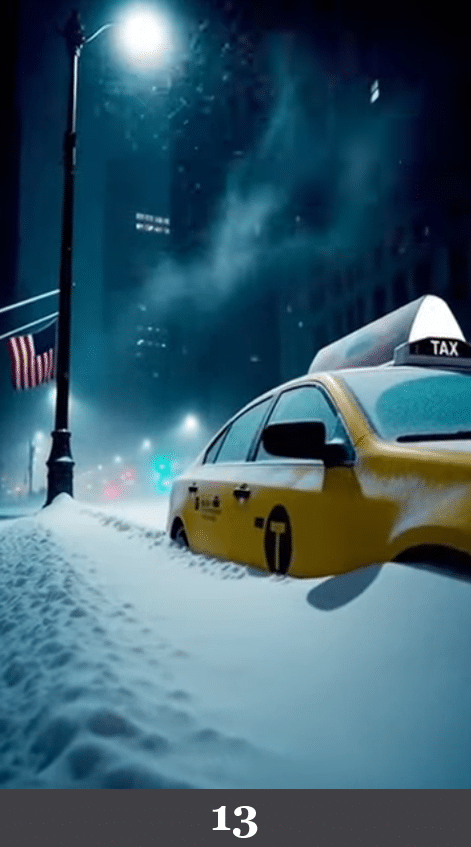 Gelbes Taxi im Schneesturm mit US-Flagge im Hintergrund. Beschreibung: Ein ikonisches New-York-Motiv wird von gleichmäßigem Schneefall umgeben, Lichtquellen setzen dramatische Akzente. Könnte das real sein? Nein. Die Schneeschicht ist homogen verteilt, Oberflächen wirken weich modelliert und die Komposition folgt filmischer Dramaturgie.
