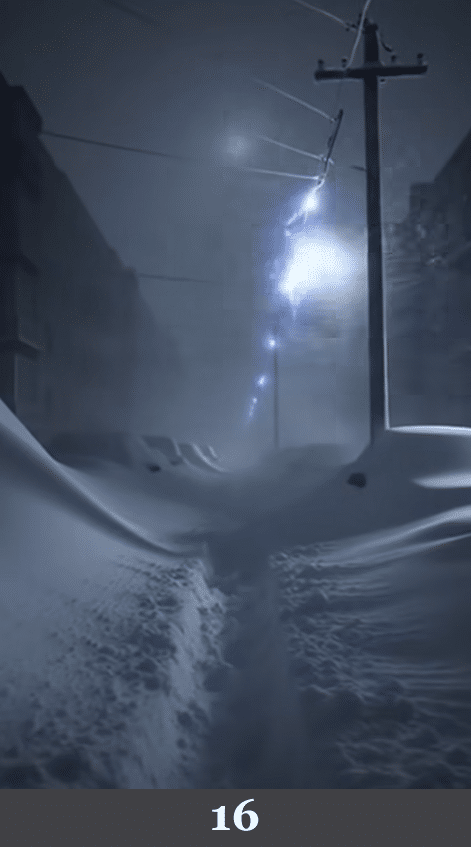 Zentral ausgerichtete Straße mit symmetrischen Laternen und modellierten Schneewellen. Beschreibung: Laternen stehen exakt in Linie, Schneeverwehungen wirken weich und nahezu spiegelbildlich. Könnte das real sein? Nein. Die ausgeprägte Symmetrie und gleichmäßige Schneemodellierung sprechen klar für eine generative Erstellung.