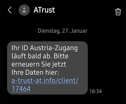 "Ihr ID Austria-Zugang läuft bald ab." | Screenshot der gefälschten A-Trust-SMS A-Trust