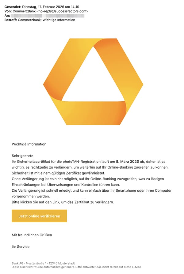 Screenshot der gefälschten E-Mail, die angeblich von der Commerzbank stammen soll