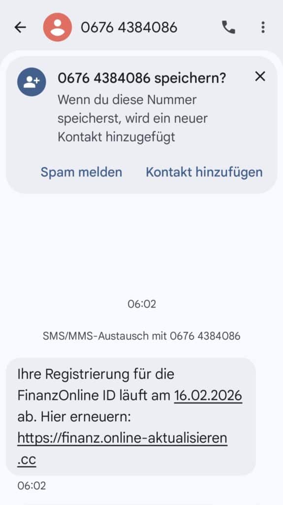 SMS zur angeblichen Verlängerung der FinanzOnline-ID; Screenshot der fraglichen SMS