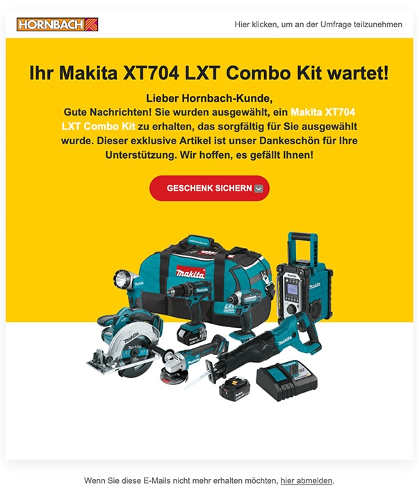 Screenshot der gefälschten E-Mail, die vorgibt, von HORNBACH zu stammen.