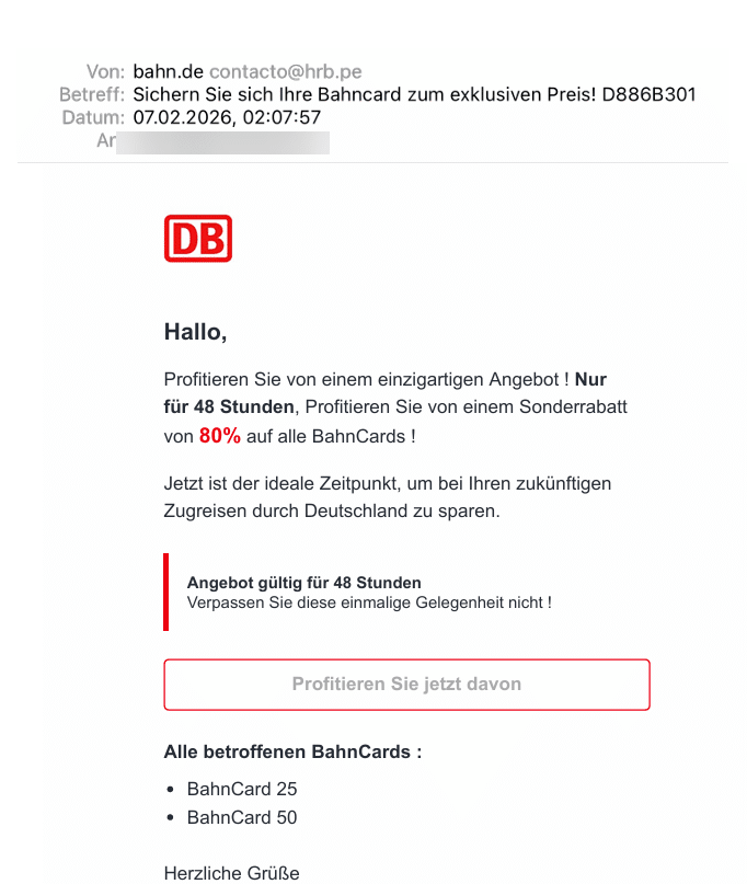 E-Mail wirbt mit angeblicher BahnCard-Rabattaktion; Screenshot der fraglichen Mail
