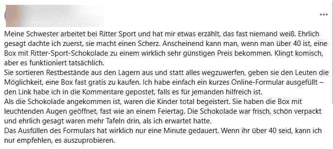 Angebliche Ritter-Sport-Box für Menschen über 40; Sctreenshot des fraglichen Posts auf Facebook