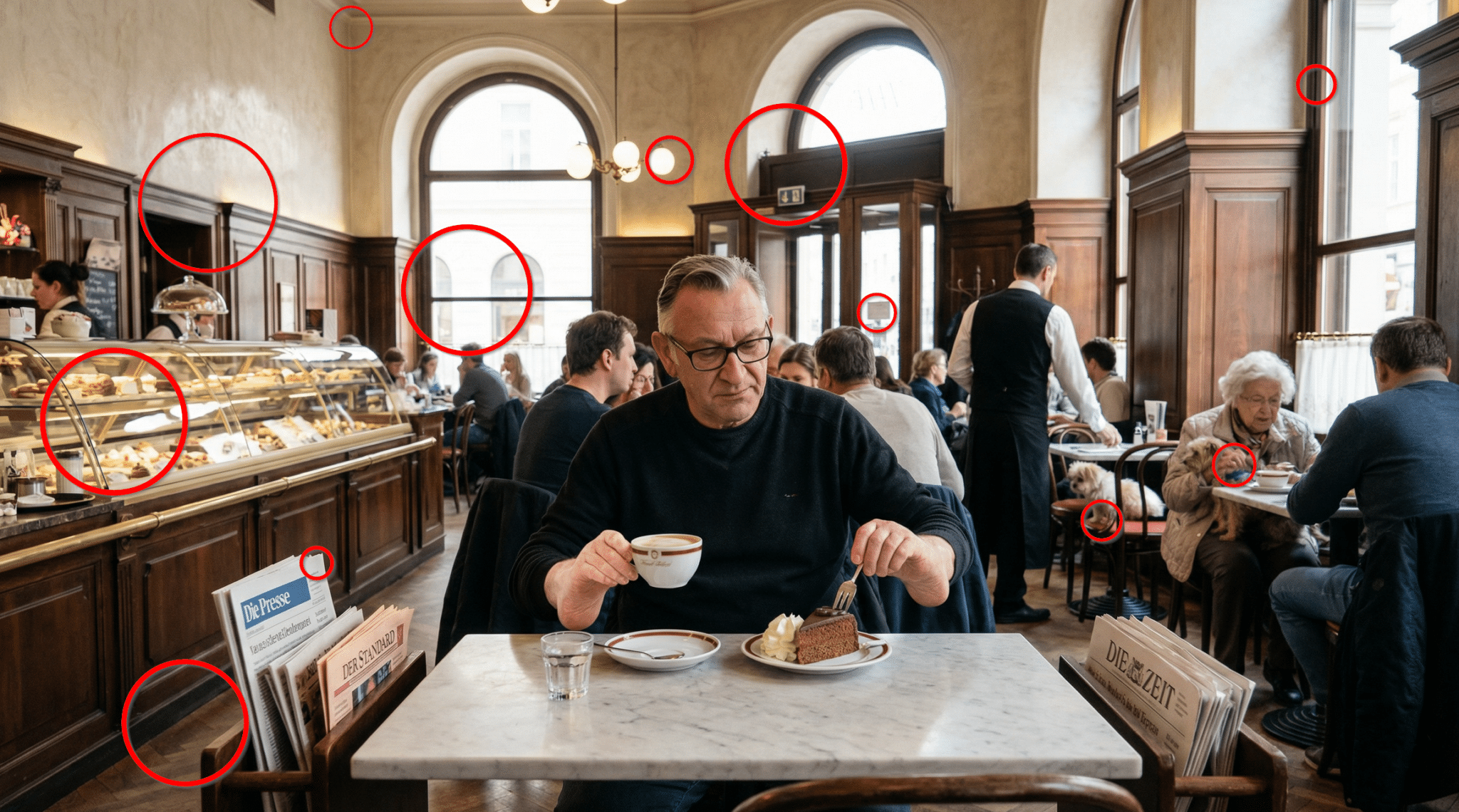 Markierte Details suggerieren gründliche Prüfung. Doch während Fenster und Schilder Aufmerksamkeit erhalten, bleibt der entscheidende Fehler nahezu unbeachtet. Das von Mimikama mithilfe einer KI erstellte Bild dient als Demonstration für gezielte Aufmerksamkeitslenkung.