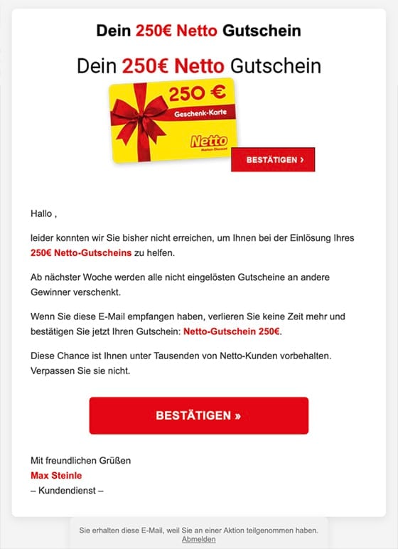 Screenshot der gefälschten Netto-E-Mail, die einen 250 Euro Gutschein verspricht