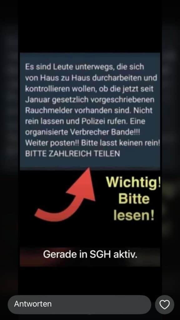 Kettennachricht über angebliche Rauchmelder-Kontrollen; Screenshot des kursierenden Kettenbriefs