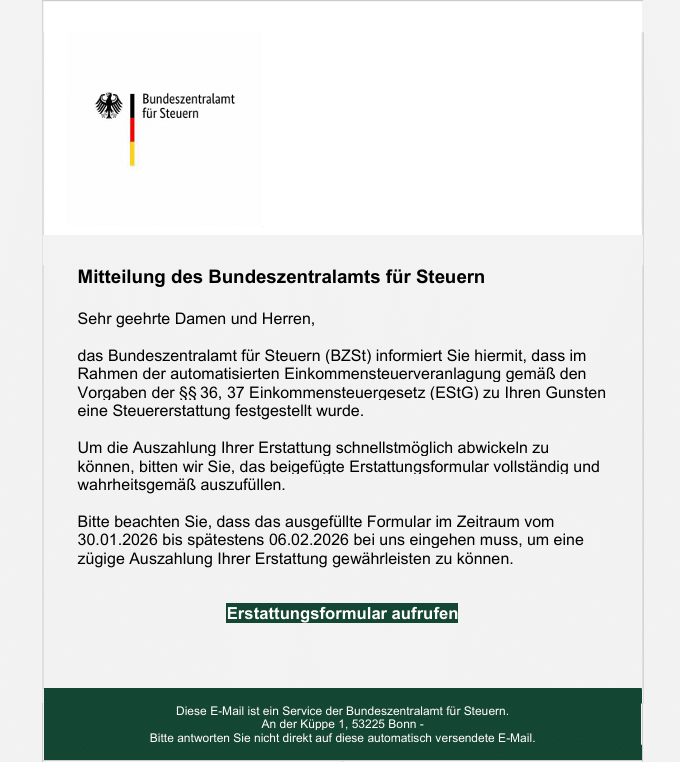Screenshot der kursierenden Mail zur angeblichen Steuererstattung
