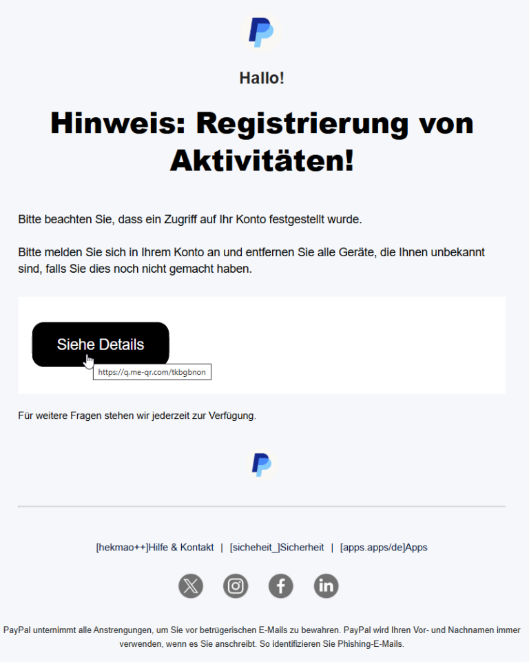 Phishing-Mail im Namen von PayPal