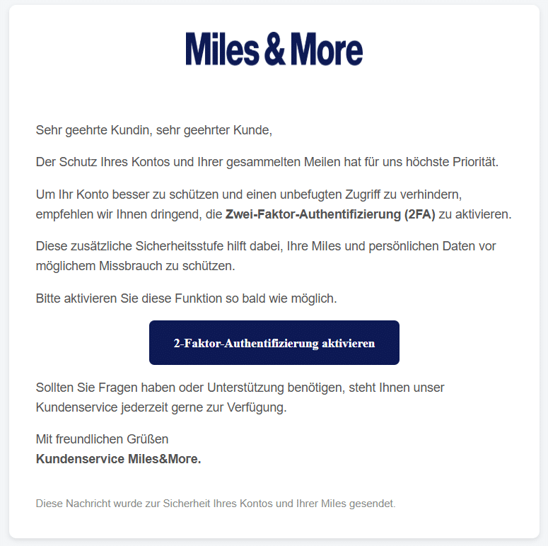 Screenshot: Phishing-Mail im Namen von Miles & More