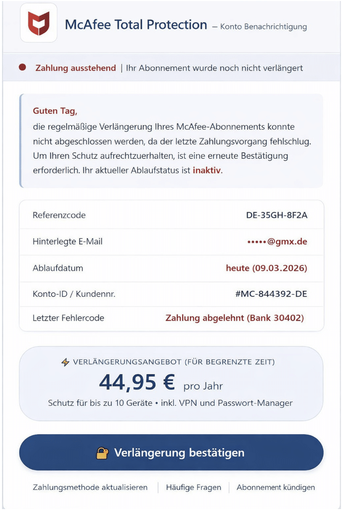 Screenshot: Fake-Rückzahlung bei McAfee-Abo