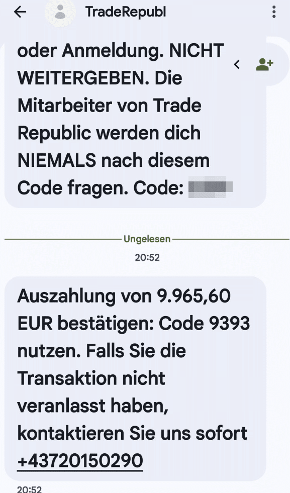 Screenshot: Fake-Rückzahlung per SMS von Trade Republic