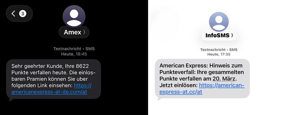 Screenshots der gefälschten SMS, die angeblich von "American Express" stammen und über Punkteverfall informieren