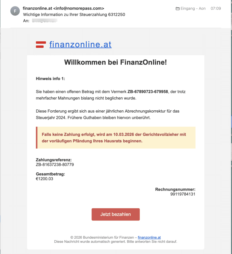FinanzOnline E-Mail im Namen von "FinanzOnline" fordert Zahlung unter Pfändungsandrohung Screenshot der fraglichen Mail