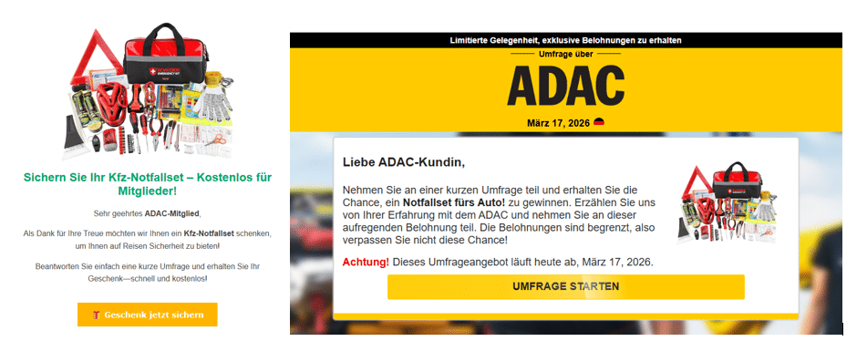 Screenshot der fraglichen Mail (links) und der Webseite (rechts)