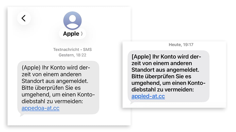 (Apple) Ihr Konto wird derzeit von einem anderen Standort aus angemeldet. Bitte überprüfen Sie es umgehend, um einen Kontodiebstahl zu vermeiden: [Link] | Screenshot der gefälschten SMS