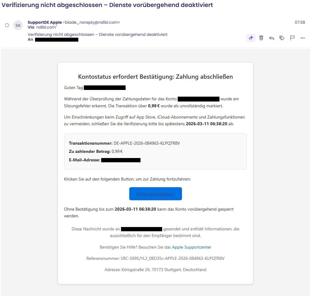 Apple-Mail fordert Bestätigung einer 0,99-€-Zahlung?; Screenshot der fraglichen Mail