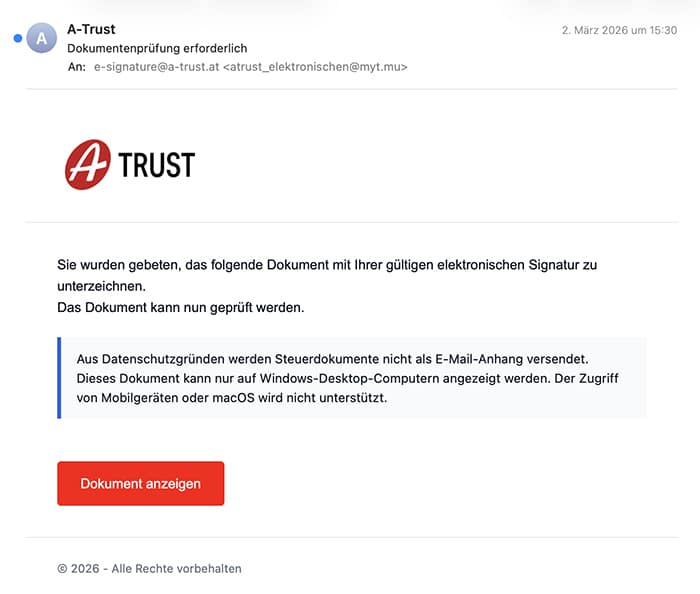 E-Mail im Namen von A-Trust fordert zur Dokumentenprüfung auf; Screenshot der fraglichen Mail