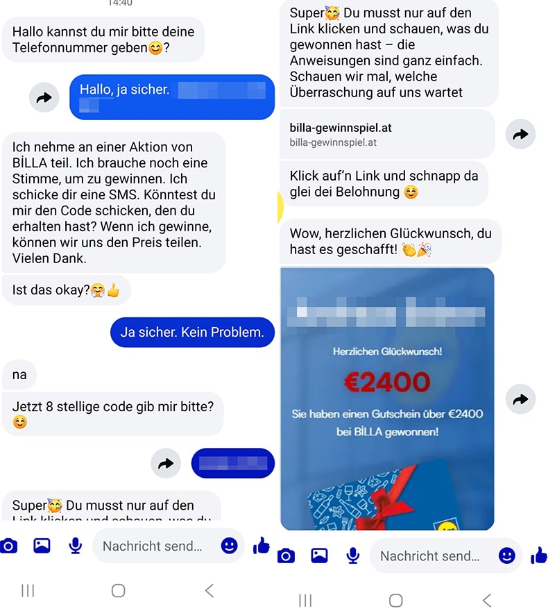 Screenshots der betrügerischen Nachrichten im Faceebook-Messenger mit Hinweis auf ein angebliches BILLA Gewinnspiel