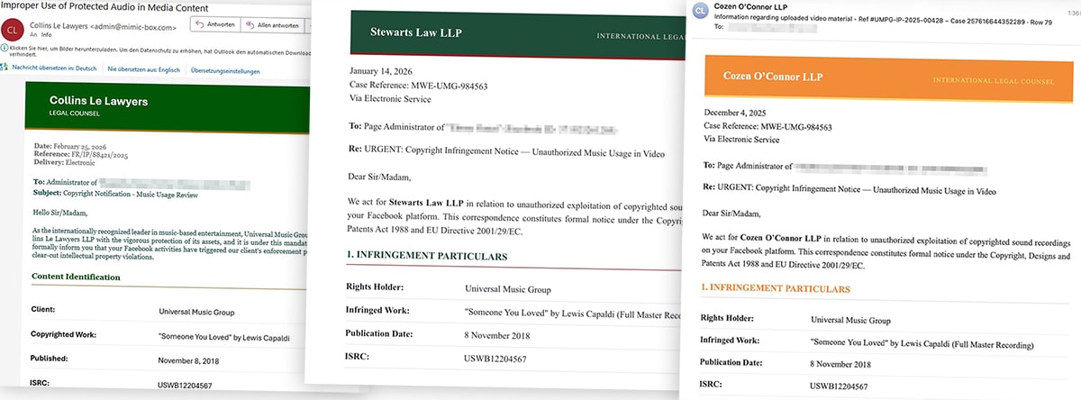 Screenshots verschiedener E-Mails mit gleichlautenden Vorwürfen zu "Unauthorized Music Usage" eines Lewis Capaldi-Songs
