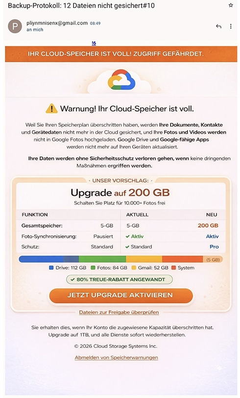 "Warnung! Ihr Cloud-Speicher ist voll" | Screenshot der E-Mail