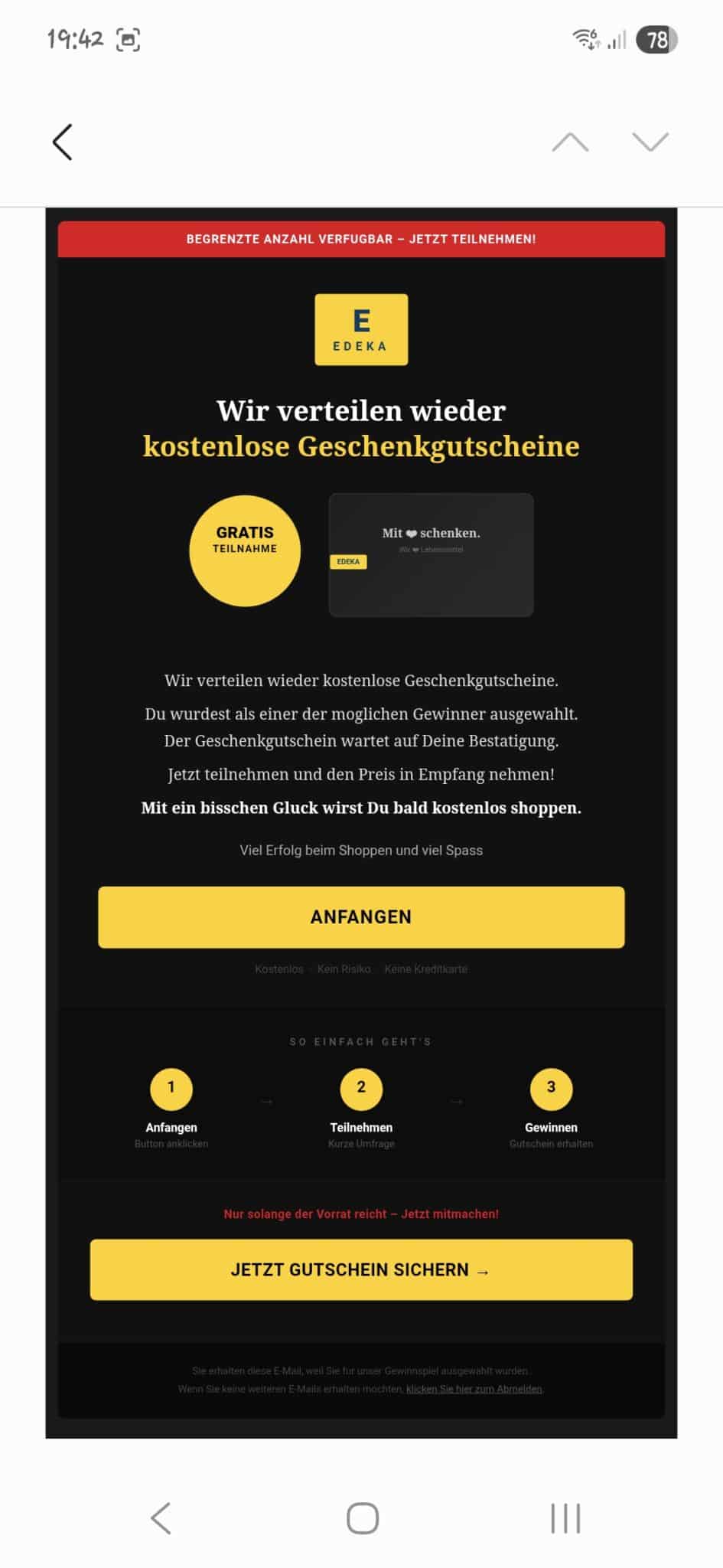 Screenshot: Fake-Gutscheincode von Edeka