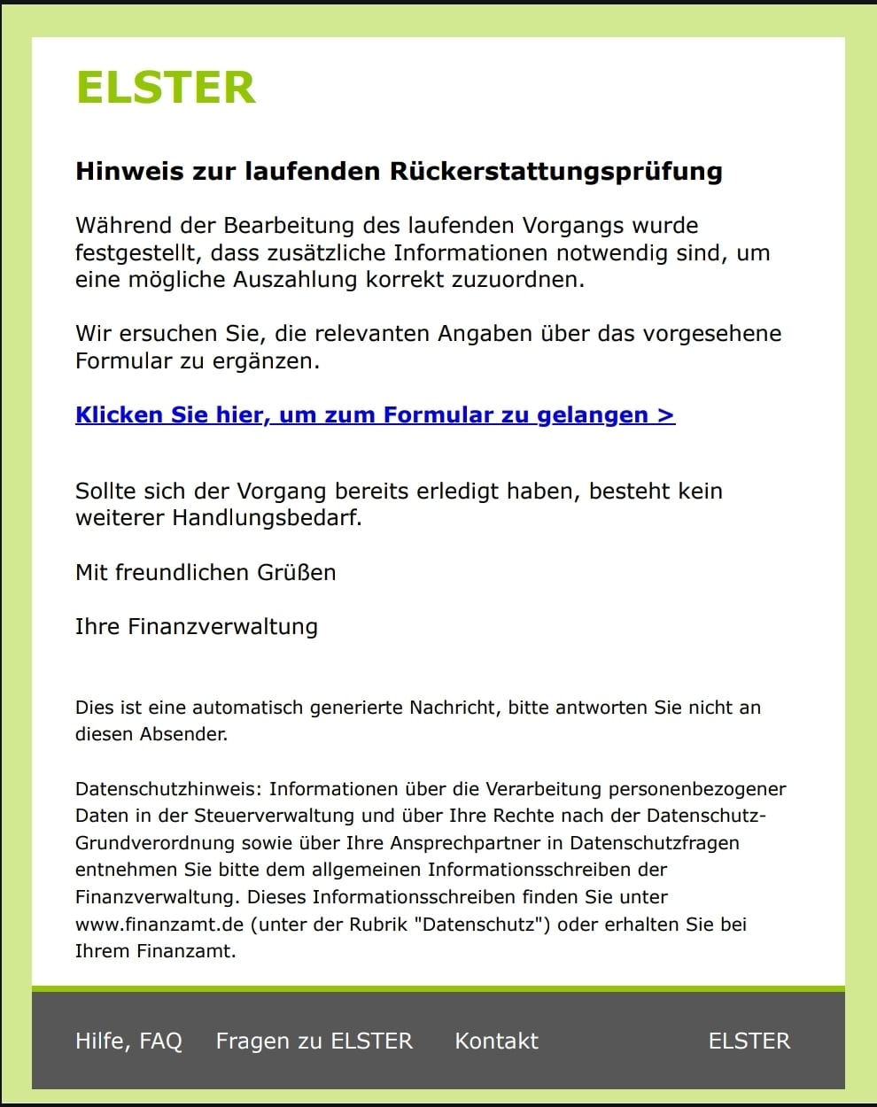 Screenshot: ELSTER Fake-Rückerstattung