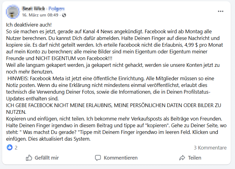 Facebook-Kettenbrief erkennen
Eine kurze Suche bei Mimikama zeigt oft, dass der Inhalt bereits mehrfach widerlegt wurde – etwa der „Ich deaktiviere mich auch"-Hoax, der seit Jahren immer wieder auftaucht.