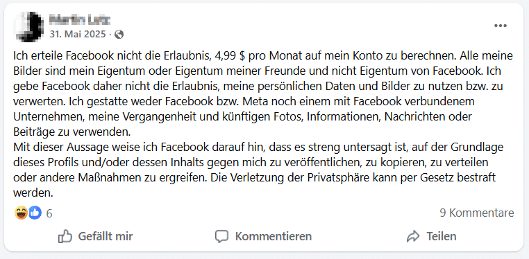Facebook-Kettenbrief erkennen
Mimikama hat dieses Muster unter anderem beim „Facebook berechnet 4,99 €"-Kettenbrief dokumentiert.