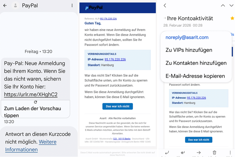 Gefälschte PayPal-Warnung per SMS und E-Mail im Umlauf Screenshot der fraglichen SMS bzw. Mail