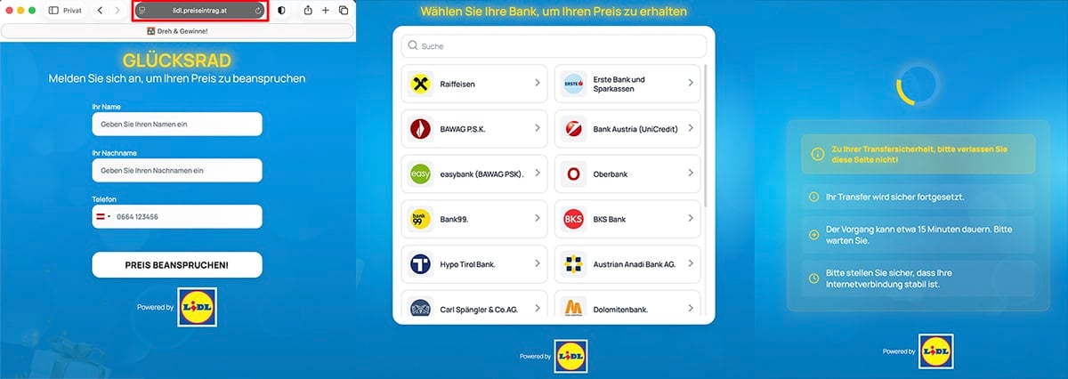 Diese Seite hat nichts mit dem Lidl zu tun. | Screenshot der gefälschten Seite, auf der sensible Daten abgefragt werden.