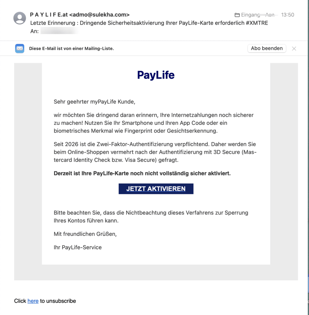 E-Mail im Namen von PayLife fordert „dringende Sicherheitsaktivierung“; Screenshot der fraglichen Mail