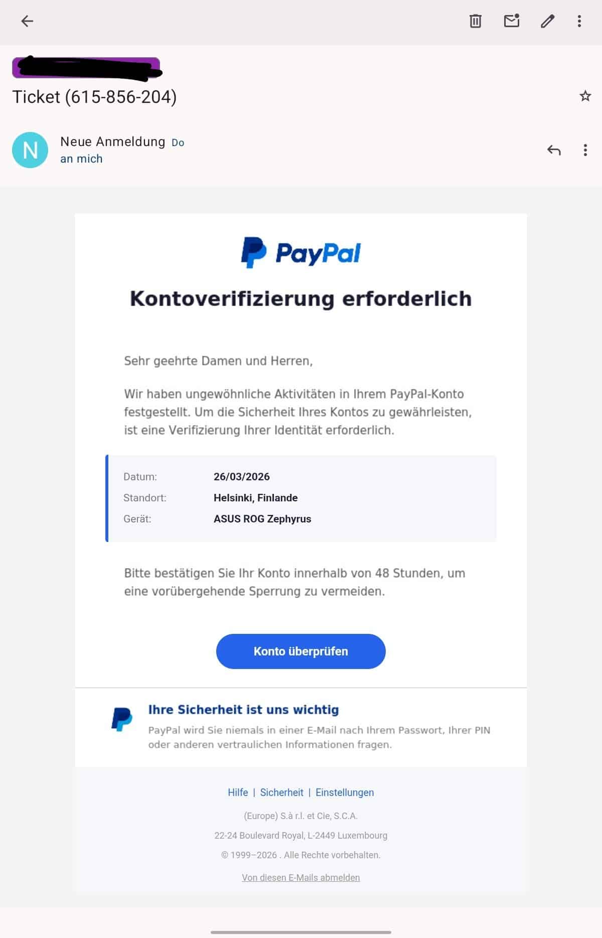 Screenshot: PayPal-Kontoverifizierungsmasche