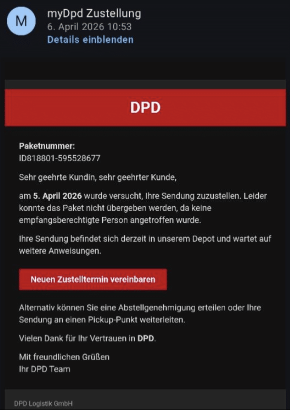 Screenshot: DPD Paketbetrug mit angeblichem Zustellversuch