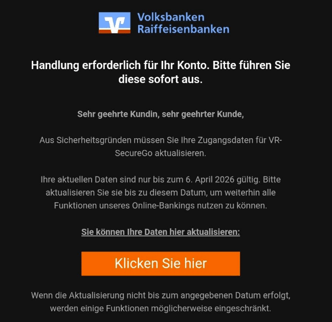 Screenshot: Kontosperrungs-Masche im Namen der Volksbank