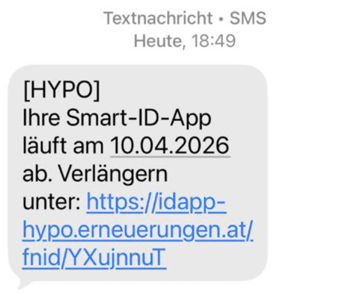 Screenshot: Kontosperrungs-Masche der „HYPO“ per SMS