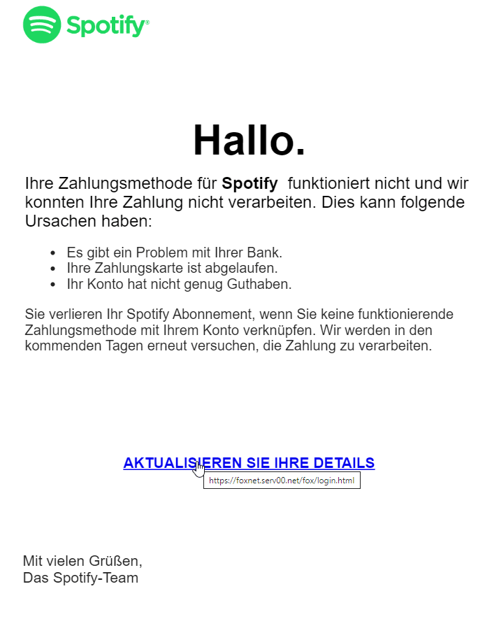 Screenshot: Spotify Kontodaten per Fake-Mail aktualisieren