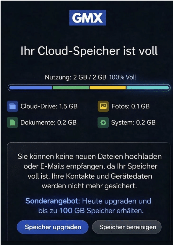 Screenshot: GMX: Fake-Cloud-Speicher-Warnung