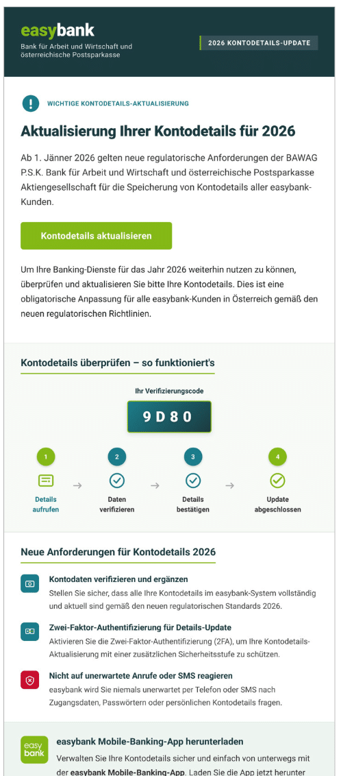 Screenshot: easybank Fake-Kontodetails-Update