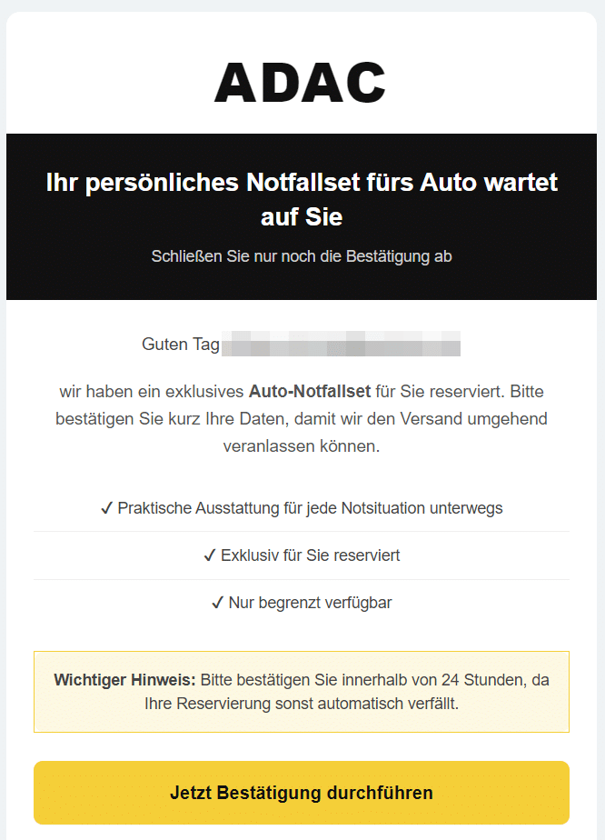 Screenshot: ADAC Fake-Reservierung für Auto-Notfallset