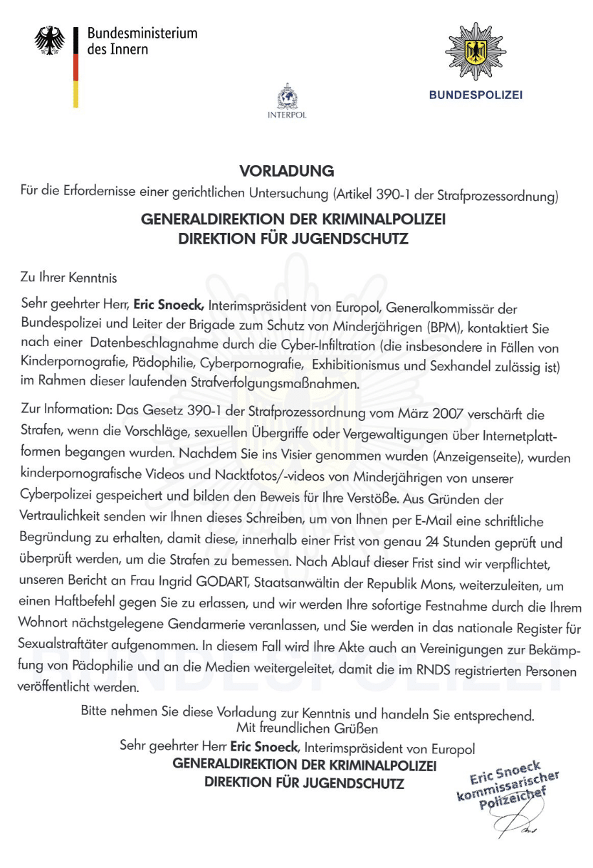 Screenshot: Fake-Vorladung Bundesministerium des Innern, INTERPOL, BUNDESPOLIZEI