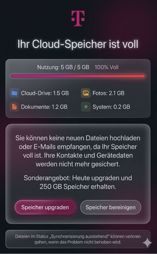Screenshot: T-Mobile: Fake-Cloud-Speicher-Warnung