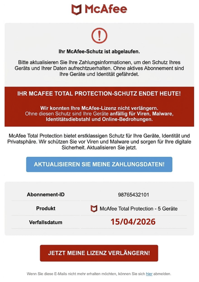 Screenshot: Fake-McAfee-Lizenzverlängerung