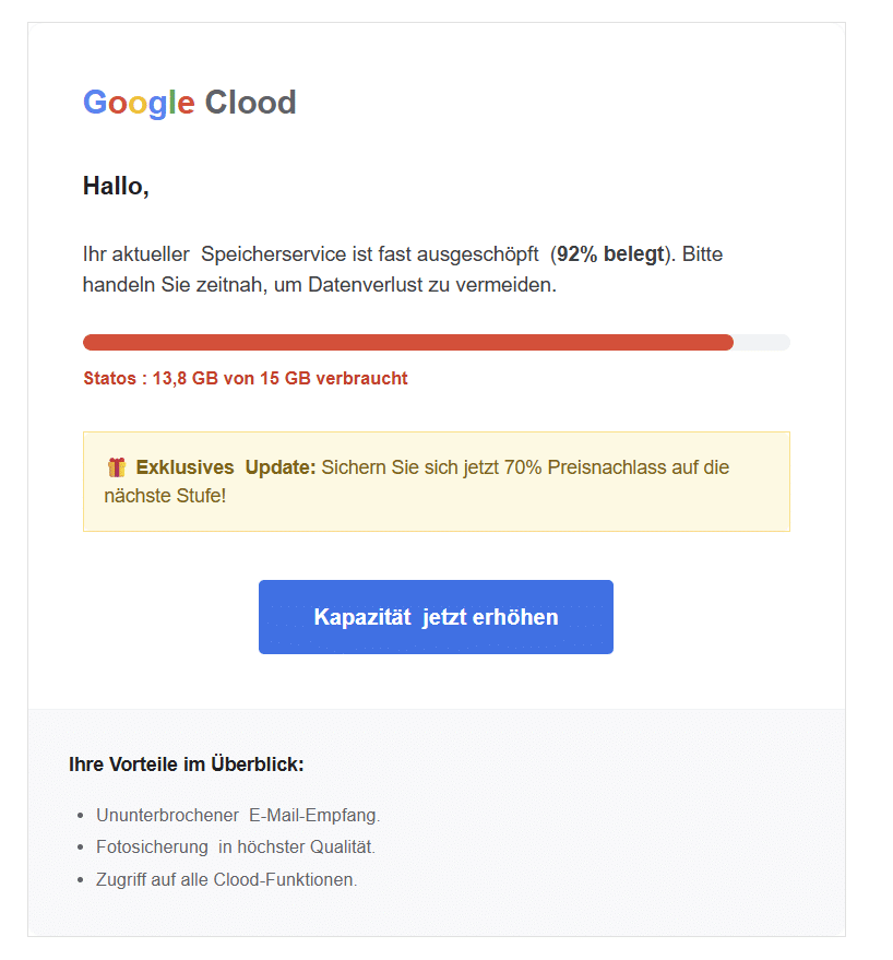 Screenshot: Fake-Google-Cloud Speicherwarnung mit Abo-Falle